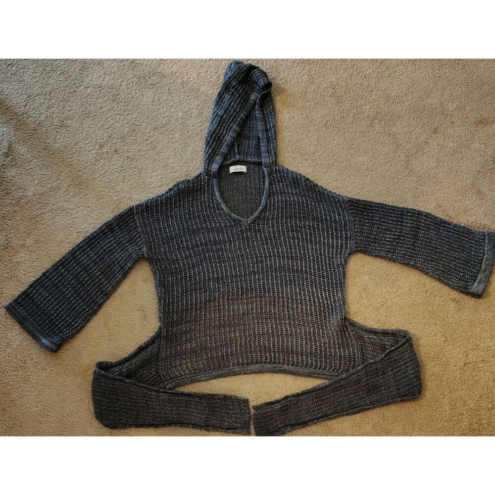 Elan Crochet Gray Knit Sweater Hoodie Ties In Back Pullover V Neck 3/4 Sleeve